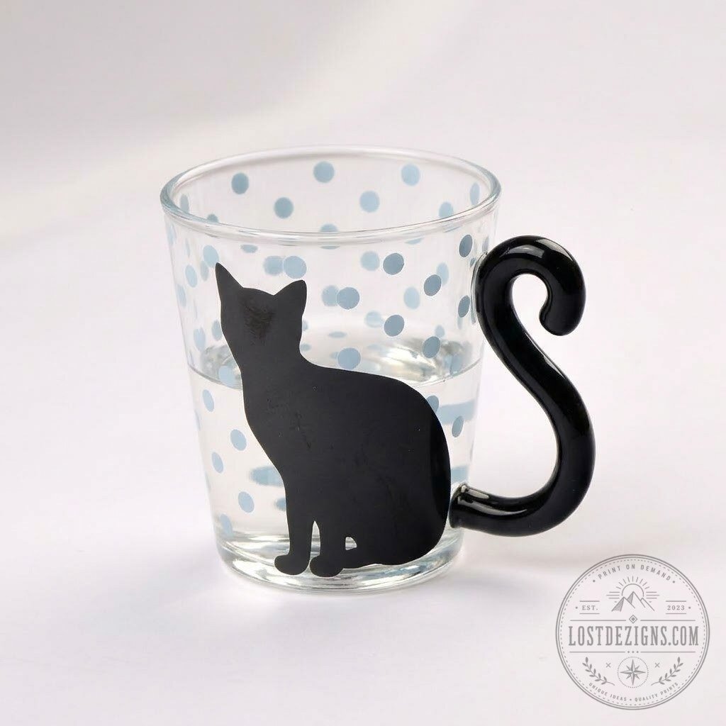 Black Cat Tail Handle Glass Mug 6 Black Cat Tail Handle Glass Mug