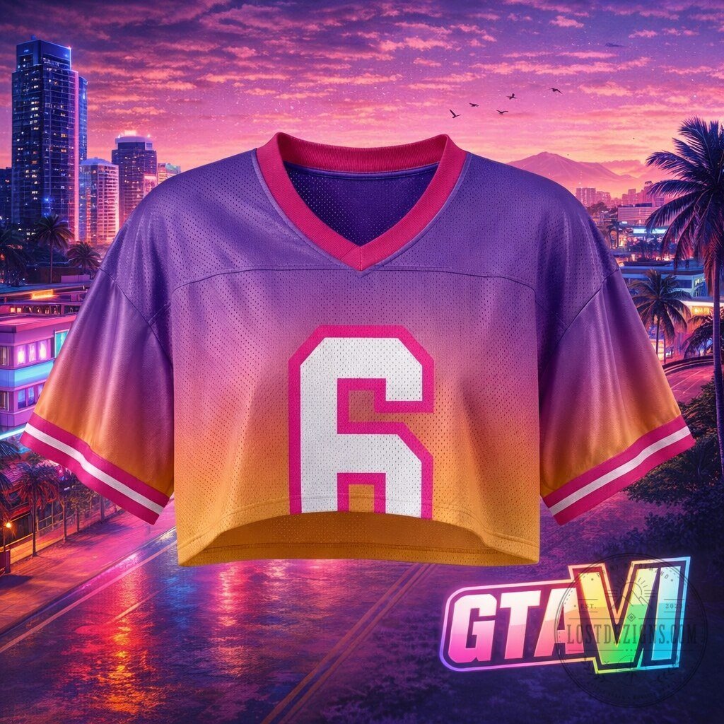 GTA 6 Cover Girl Inspired Pink Blue Gradient Cropped Jersey