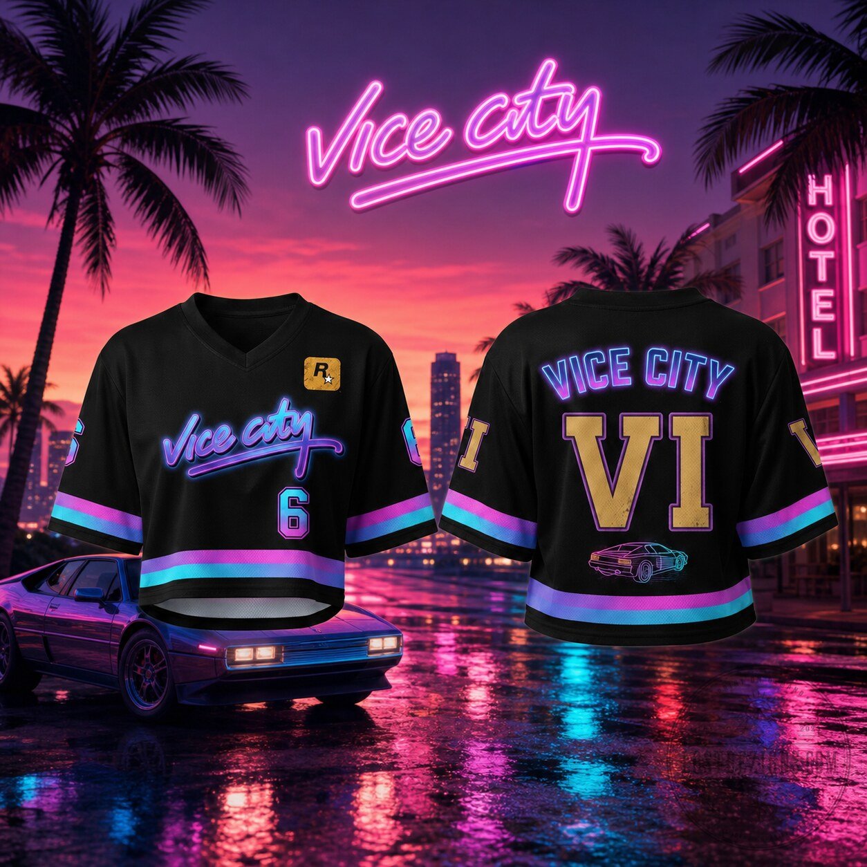 GTA 6 Vice City Black Neon VI Number Cropped Jersey