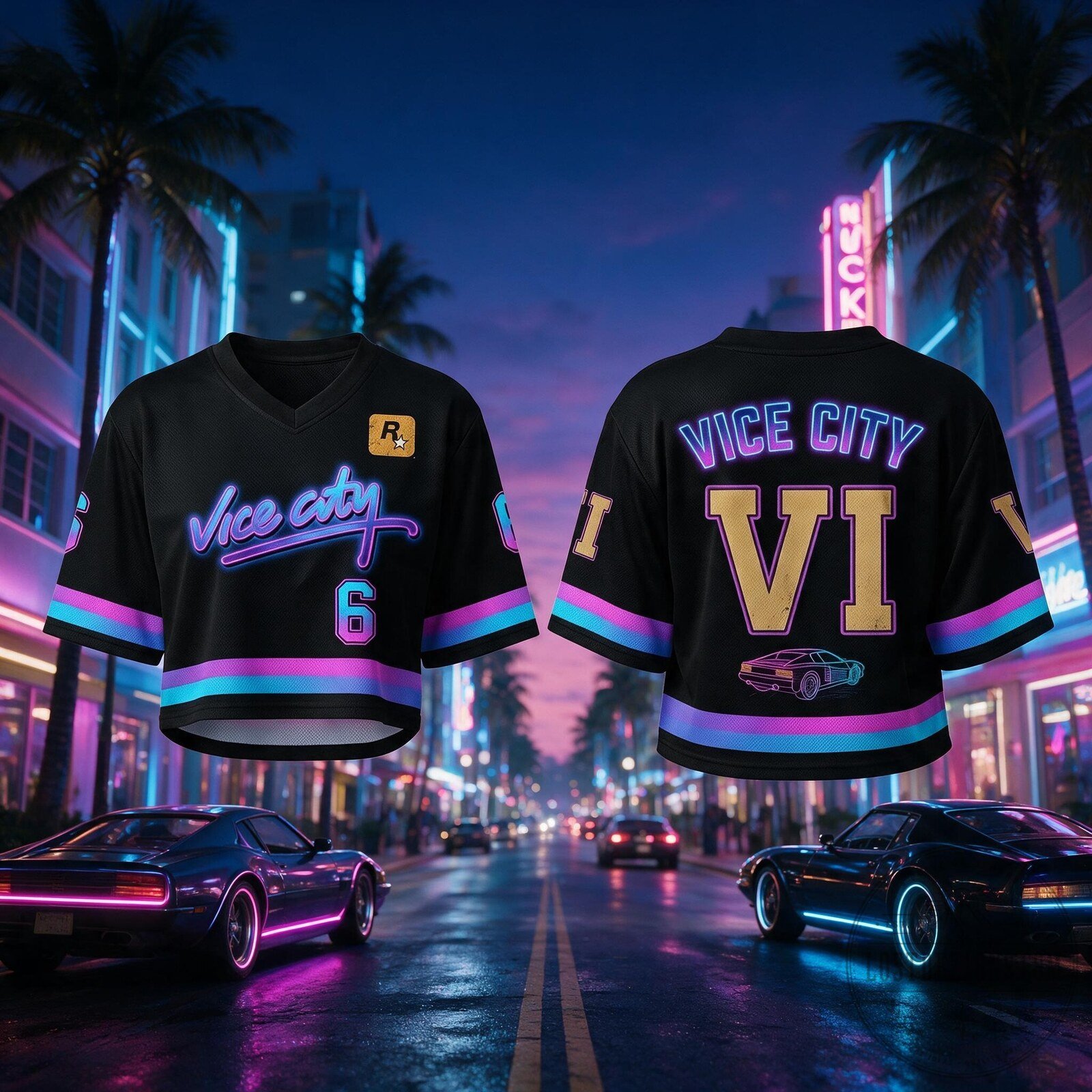 GTA 6 Vice City Black Neon VI Number Cropped Jersey 4 GTA 6 Vice City Black Neon VI Number Cropped Jersey
