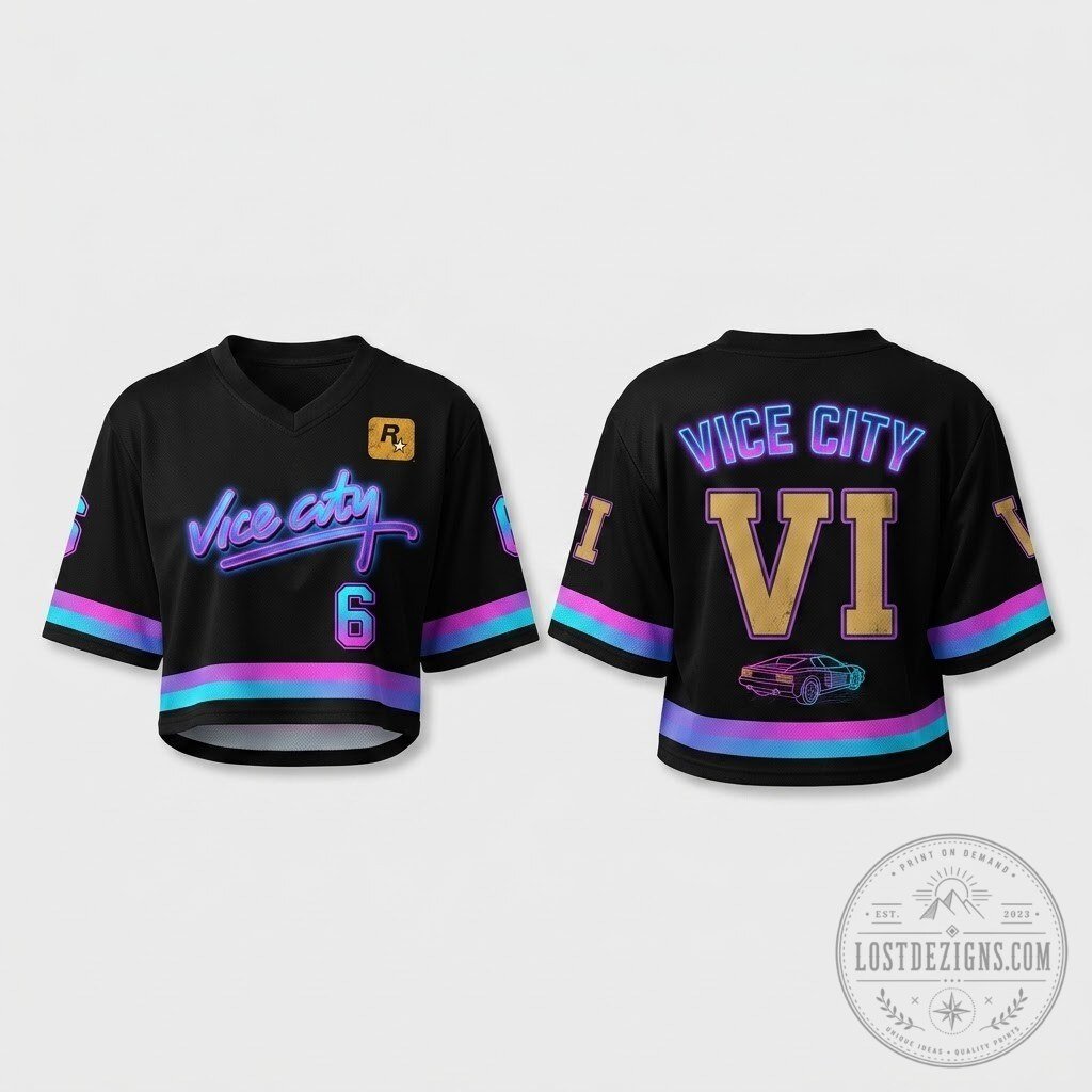 GTA 6 Vice City Black Neon VI Number Cropped Jersey 5 GTA 6 Vice City Black Neon VI Number Cropped Jersey