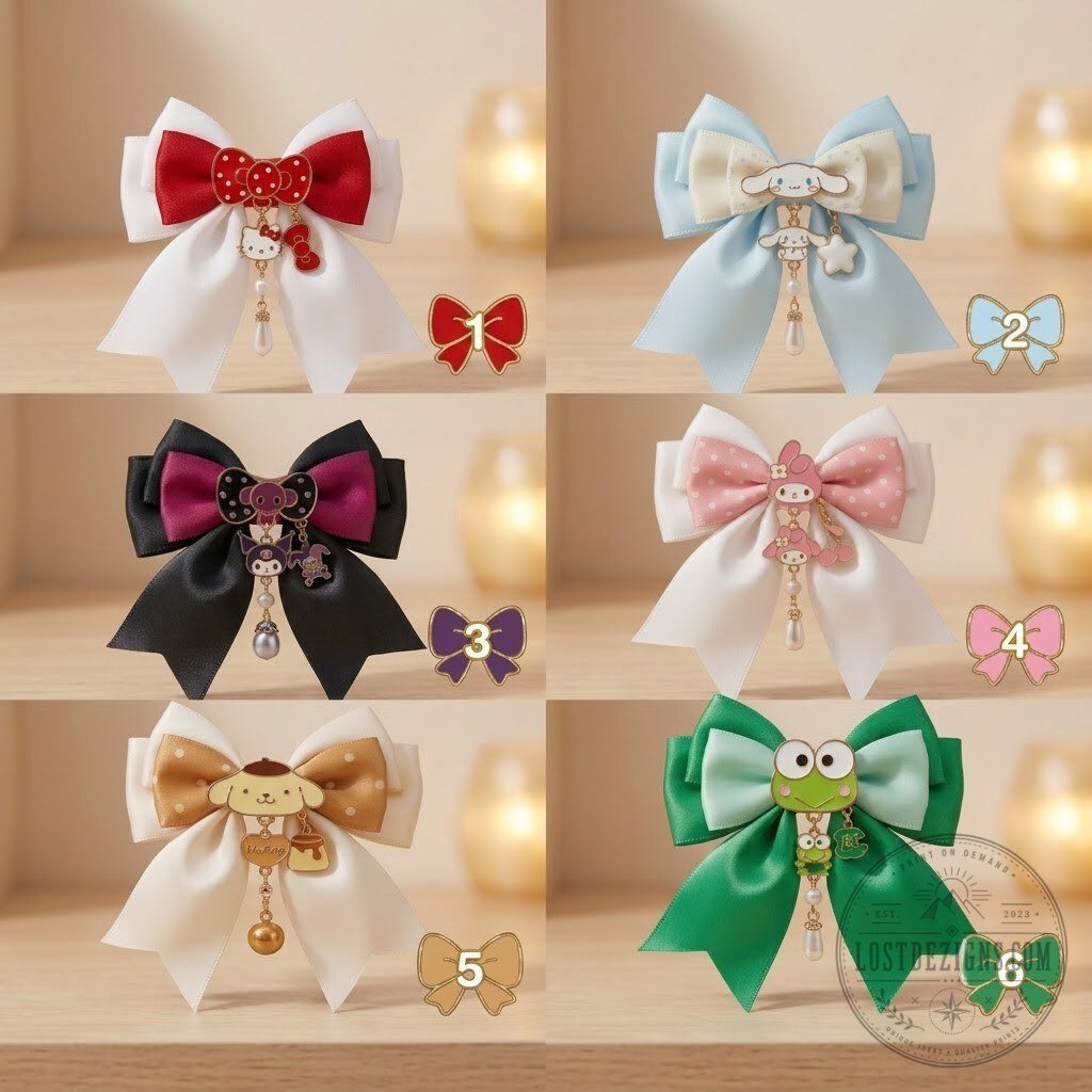 Sanrio Character Hair Bow Collection – Hello Kitty, Cinnamoroll, Kuromi, My Melody, Pompompurin And Keroppi Bow Hair Clip
