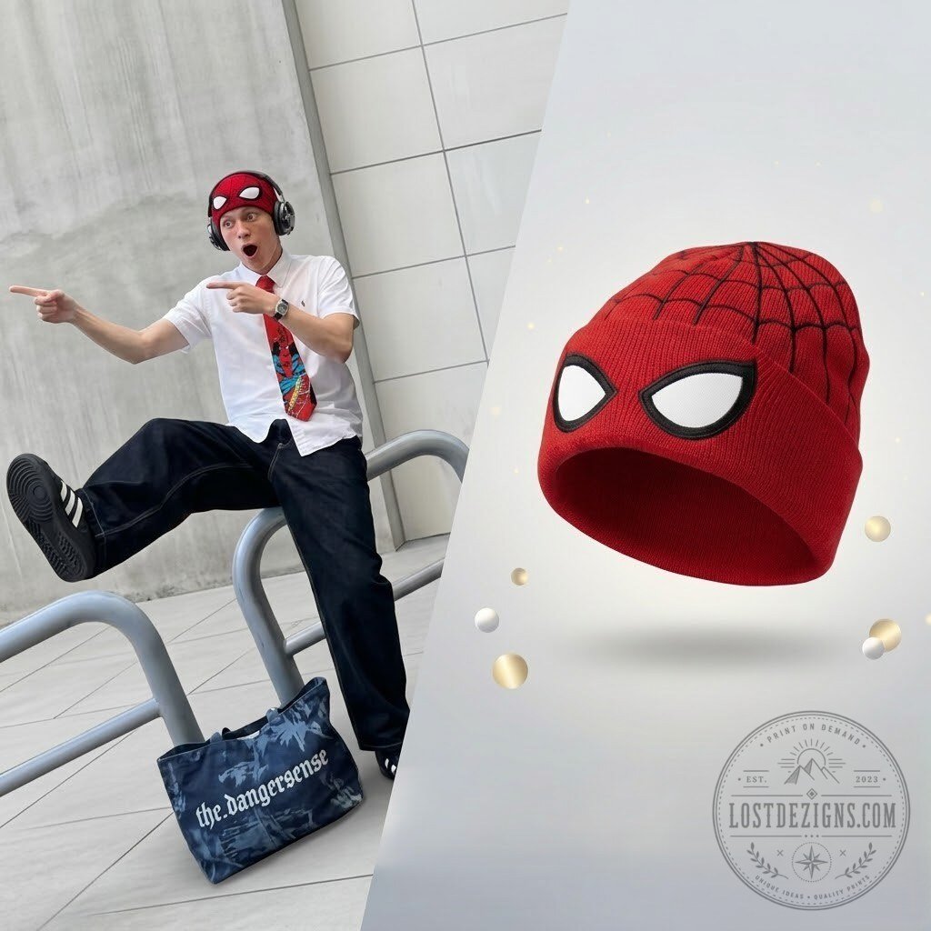 Tom Holland Marvel Spider-Man Red Knit Winter Beanie Hat With Embroidered Eyes
